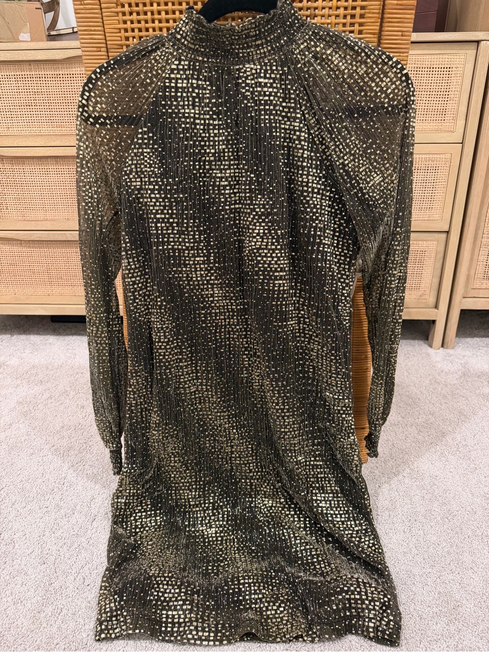 Metallic Grid Long-Sleeve High-Neck Dress - Black & Gold